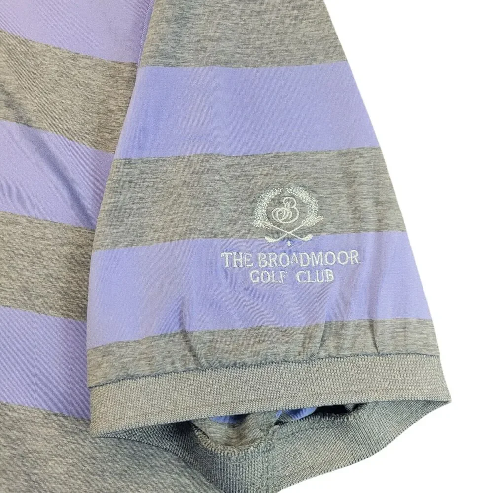 RLX Ralph Lauren Mens Polo XL Purple Gray Striped Golf Shirt‎ BROADMOOR Logo